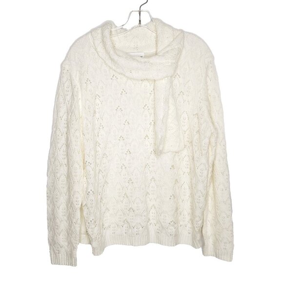 Alfred Dunner Sweaters - Open Knit Pointelle Sweater XL Off White Faux Pearl Beaded Cowl Neck Feminine